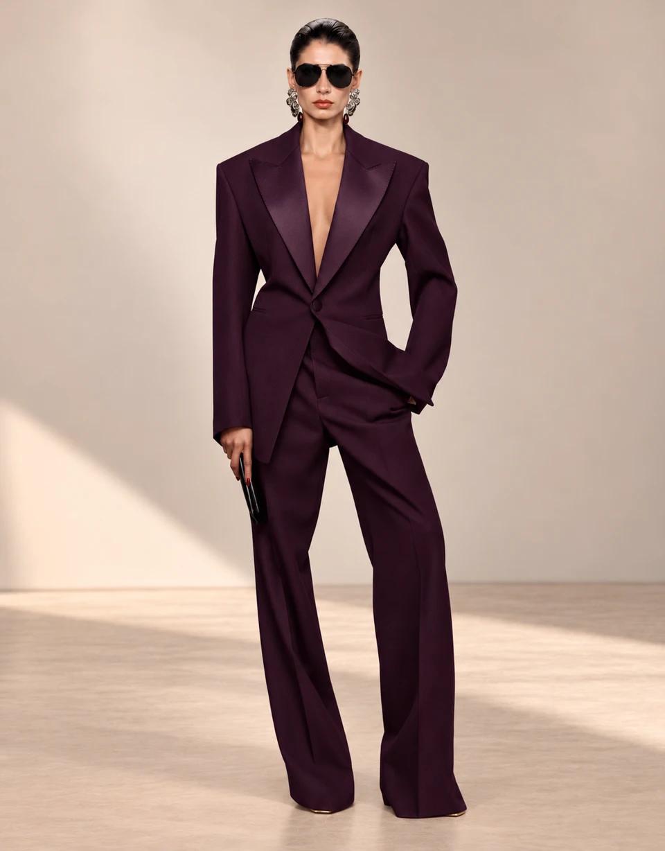 Plum trouser suit with a shaped single-button jacket and satin peak lapels